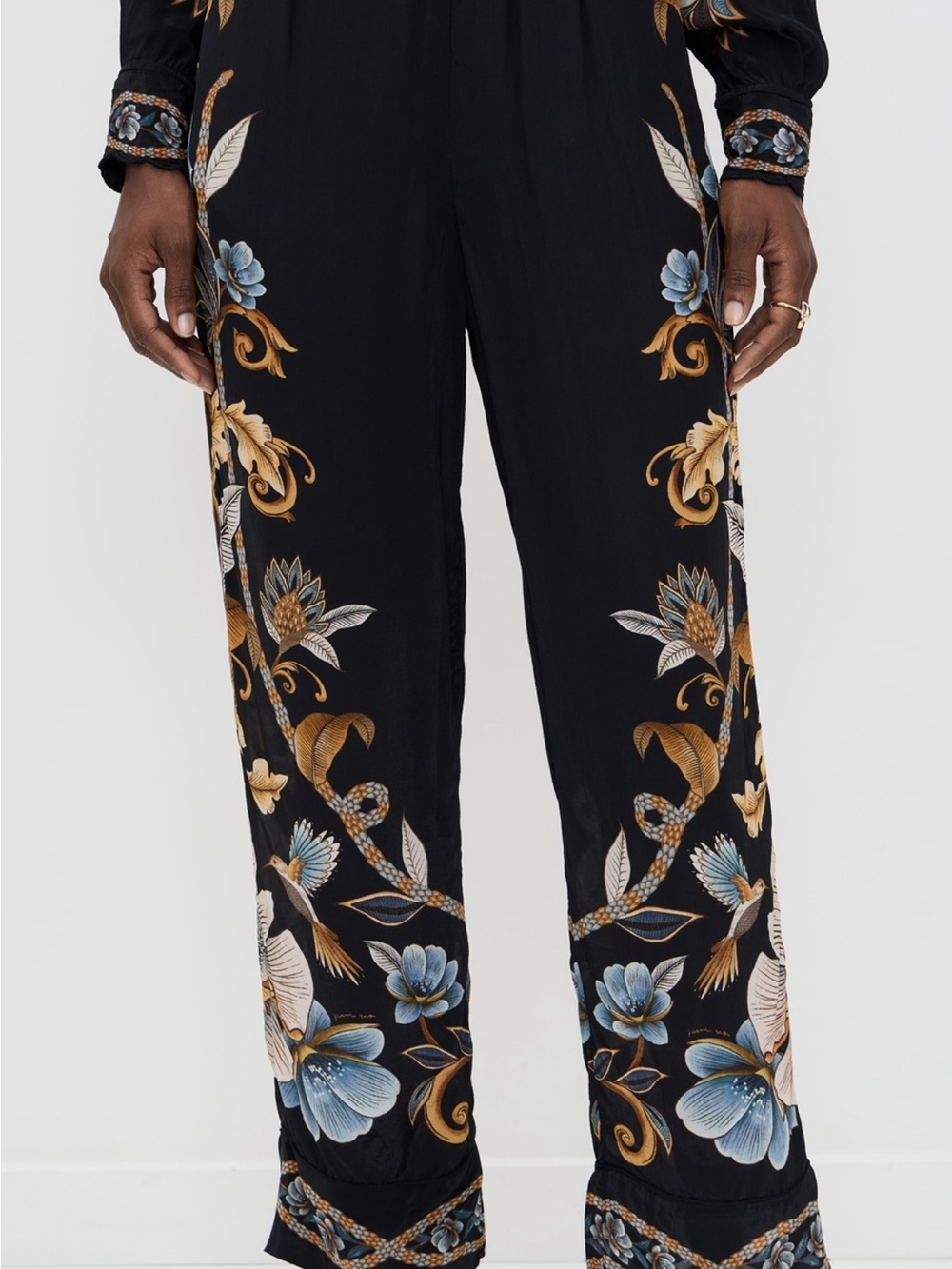 FARM Rio Black Floral Straight-Leg Jumpsuit Pants with Blue & Gold Accents